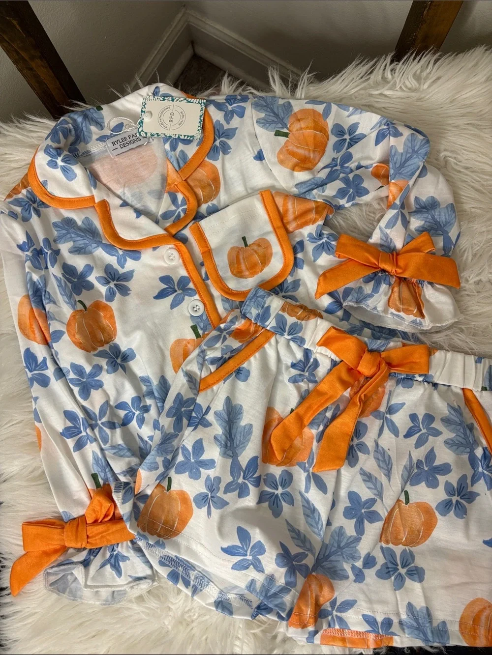 Girls Fall Pumpkin Floral Pajama Set with Orange Trim Size 4